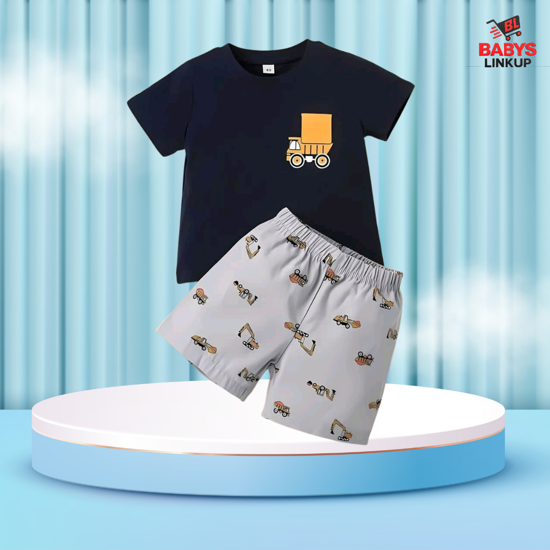 Navy Blue Car Printed T-Shirt Set | Soft Cotton | Hit for Summer – (6M – 6 Years) Baby's LinkUp