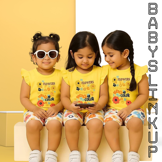 Yellow Flowers Printed T-Shirt Set | Soft Cotton | Hit for Summer (6 M– 6 Years)