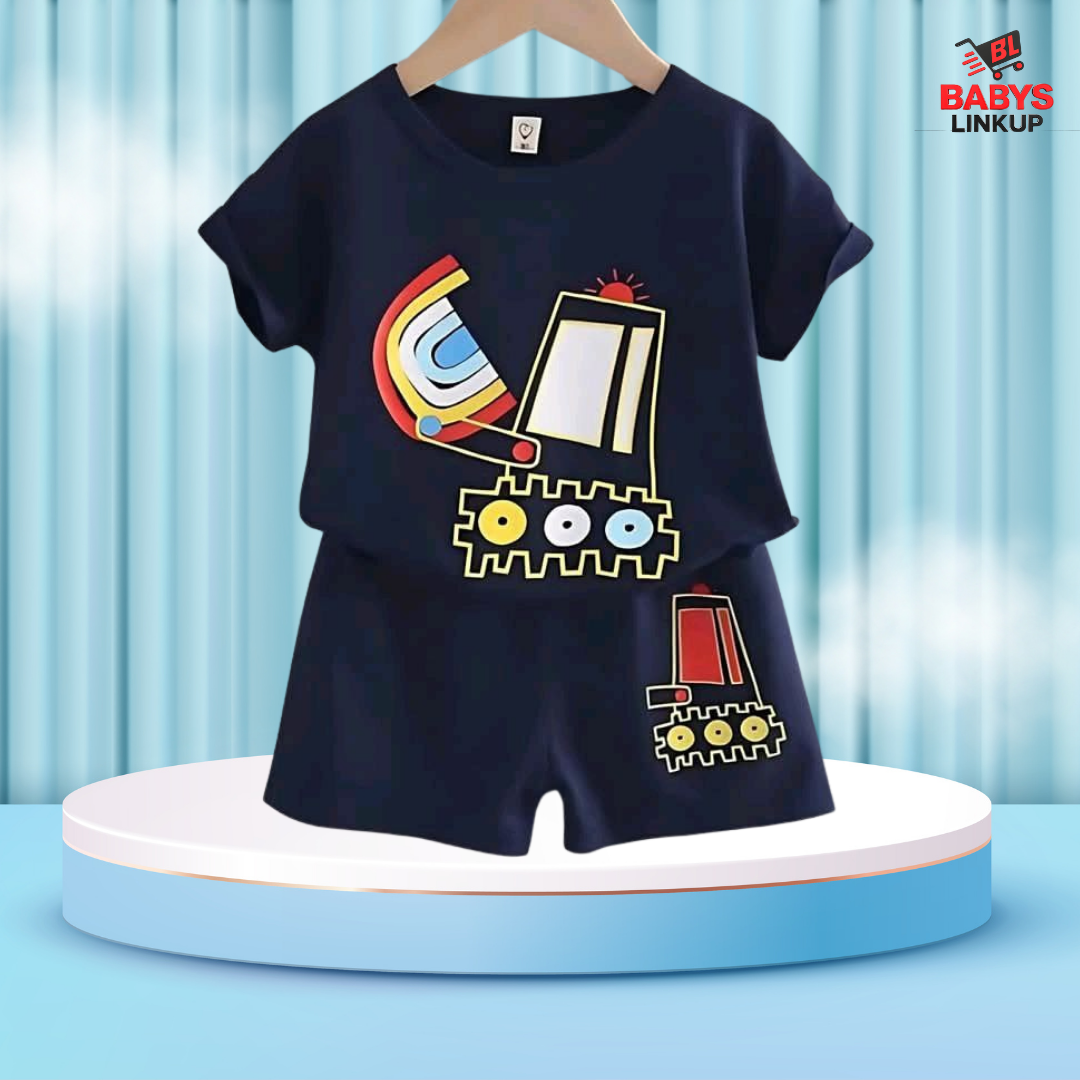 Navy Blue Digger Printed T-Shirt Set | Soft Cotton | Hit for Summer – (6M – 6 Years)