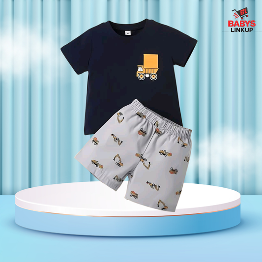 Navy Blue Car Printed T-Shirt Set | Soft Cotton | Hit for Summer – (6M – 6 Years) Baby's LinkUp